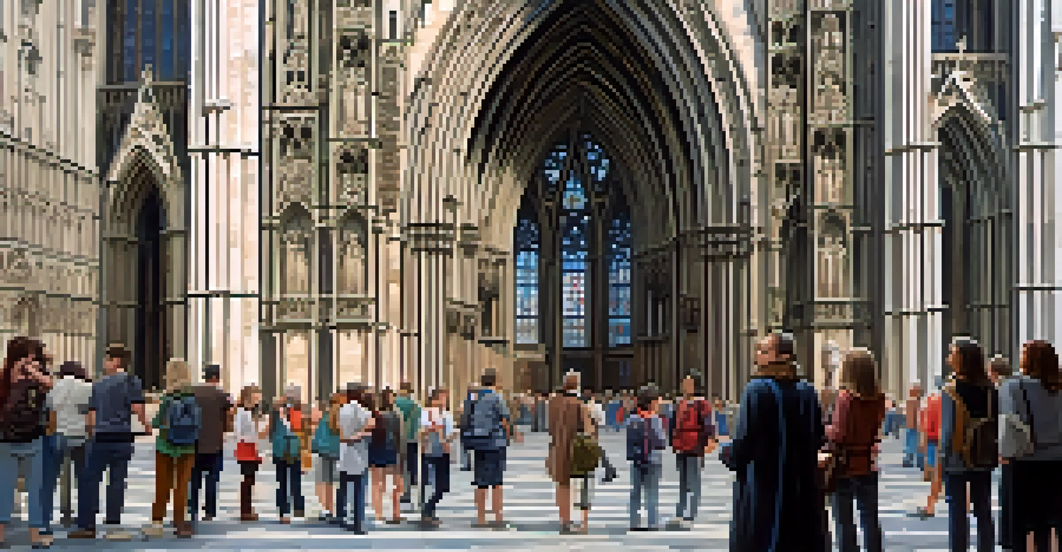 A diverse group of tourists listening to a guide in front of a Gothic cathedral, showing expressions of curiosity.