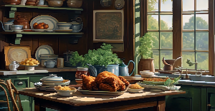 A rustic Southern kitchen filled with traditional dishes like fried chicken and cornbread on a wooden table, with warm sunlight filtering through the window.