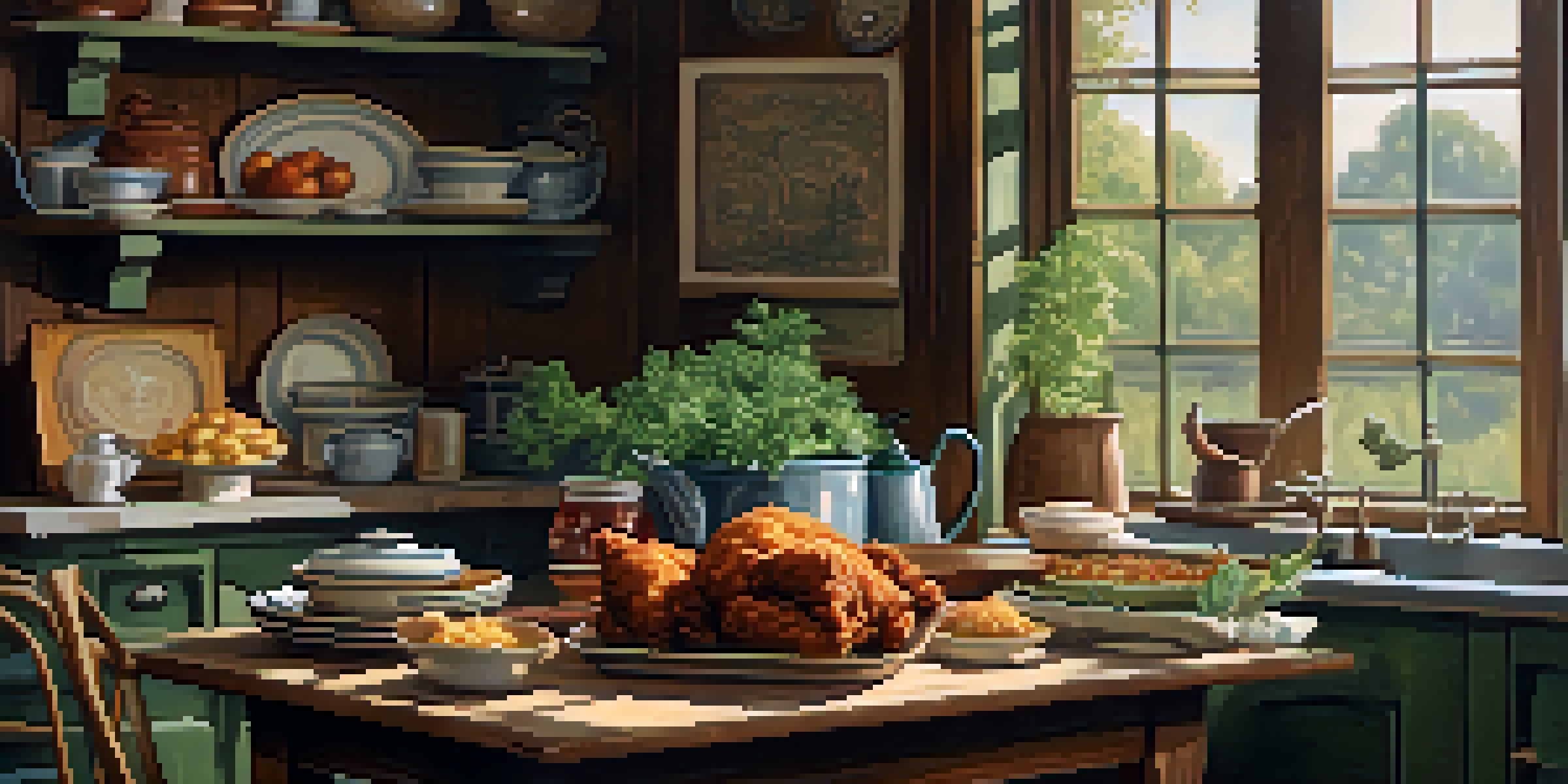 A rustic Southern kitchen filled with traditional dishes like fried chicken and cornbread on a wooden table, with warm sunlight filtering through the window.