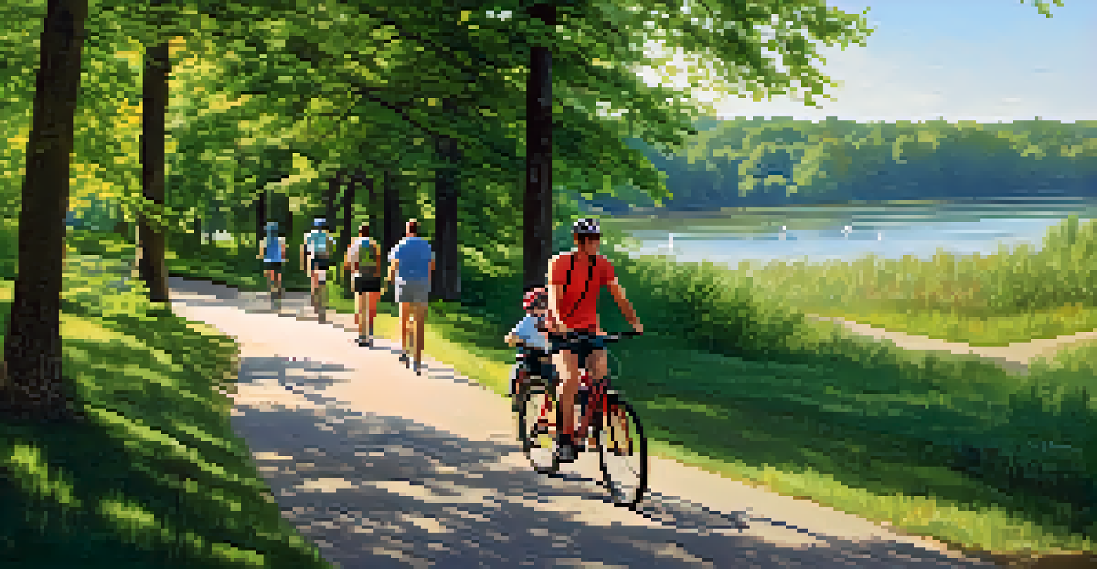 Shelby Bottoms Park with bikers on trails alongside the Cumberland River, surrounded by lush greenery and sunlight.