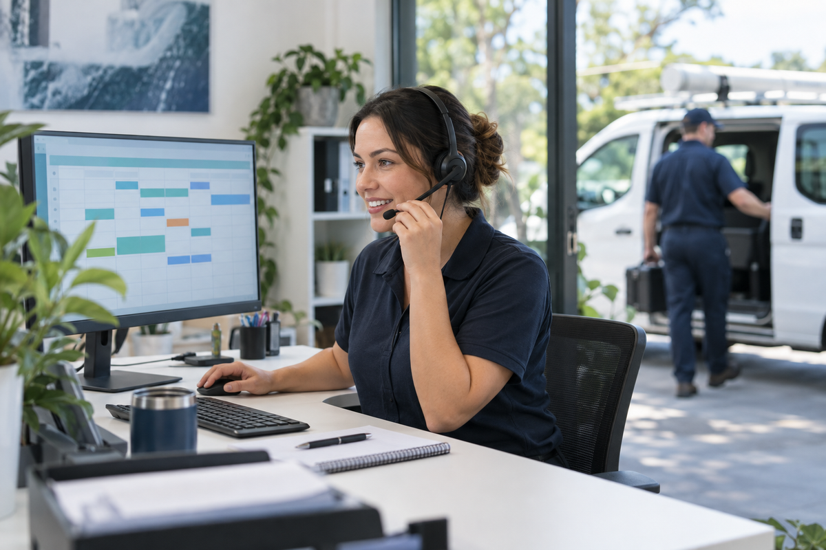 HVAC office coordinator responding to a customer enquiry while a technician prepares to leave in an unbranded service van.