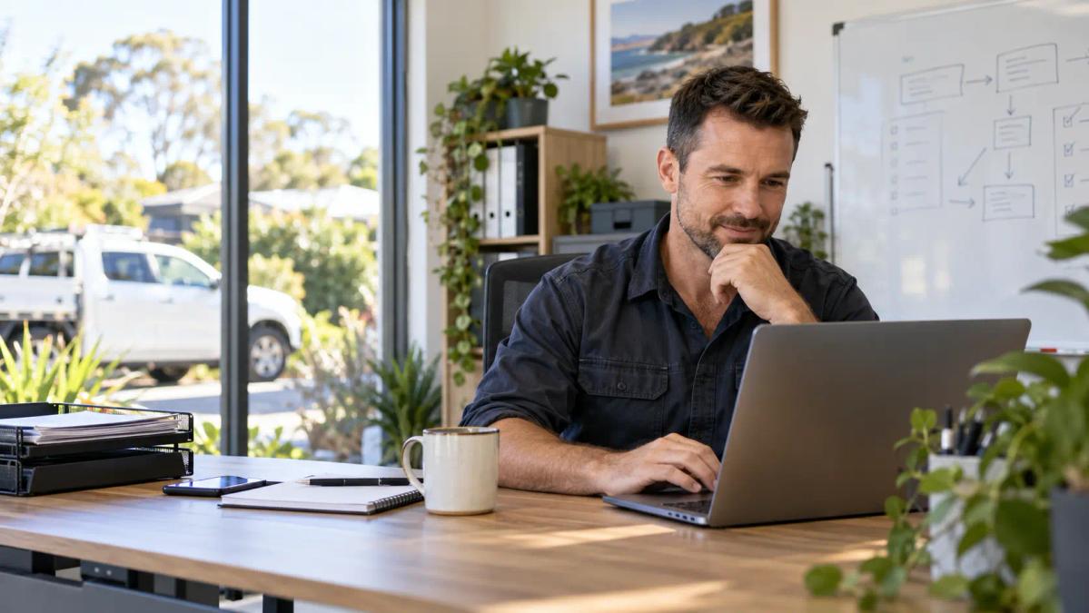 Australian pest control business owner reviewing qualified job enquiries on a laptop in a service-business office