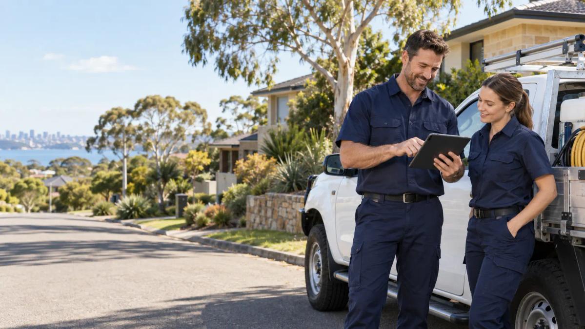 Pest control technicians reviewing a tablet beside a service ute in an Australian suburb.
