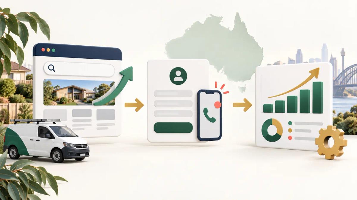 Three-stage visual showing search visibility, lead follow-up and analytics for a pest control business.