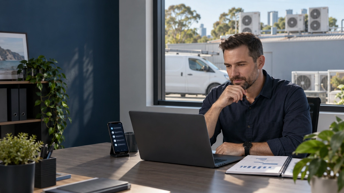 Australian HVAC business owner reviewing a 90-day marketing plan on a laptop, with an unbranded service van and air-conditioning units outside.
