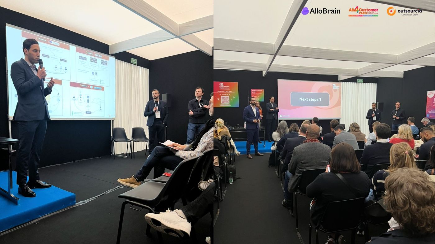 An AlloBrain speaker presenting on stage to a seated audience at the All4Customer trade show in Paris