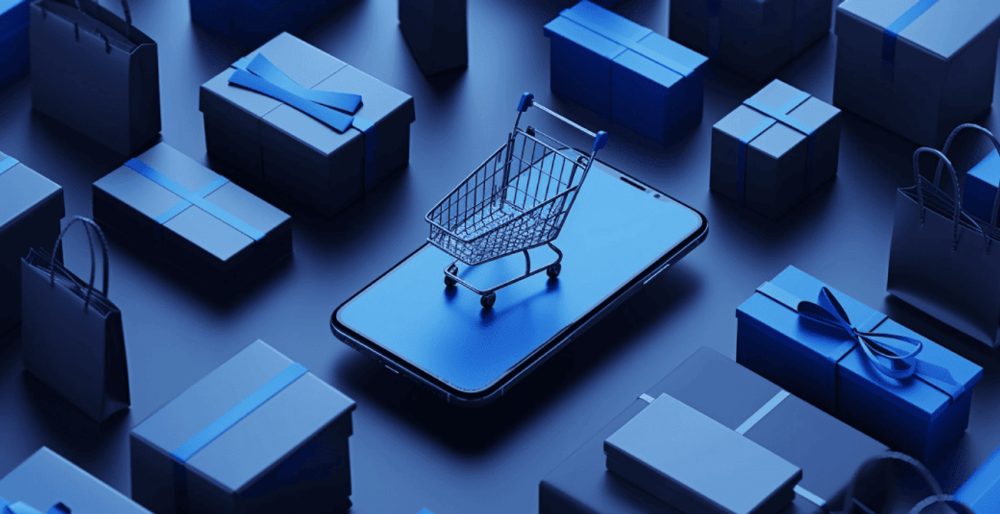 A shopping trolley and shopping bags standing on a smartphone screen