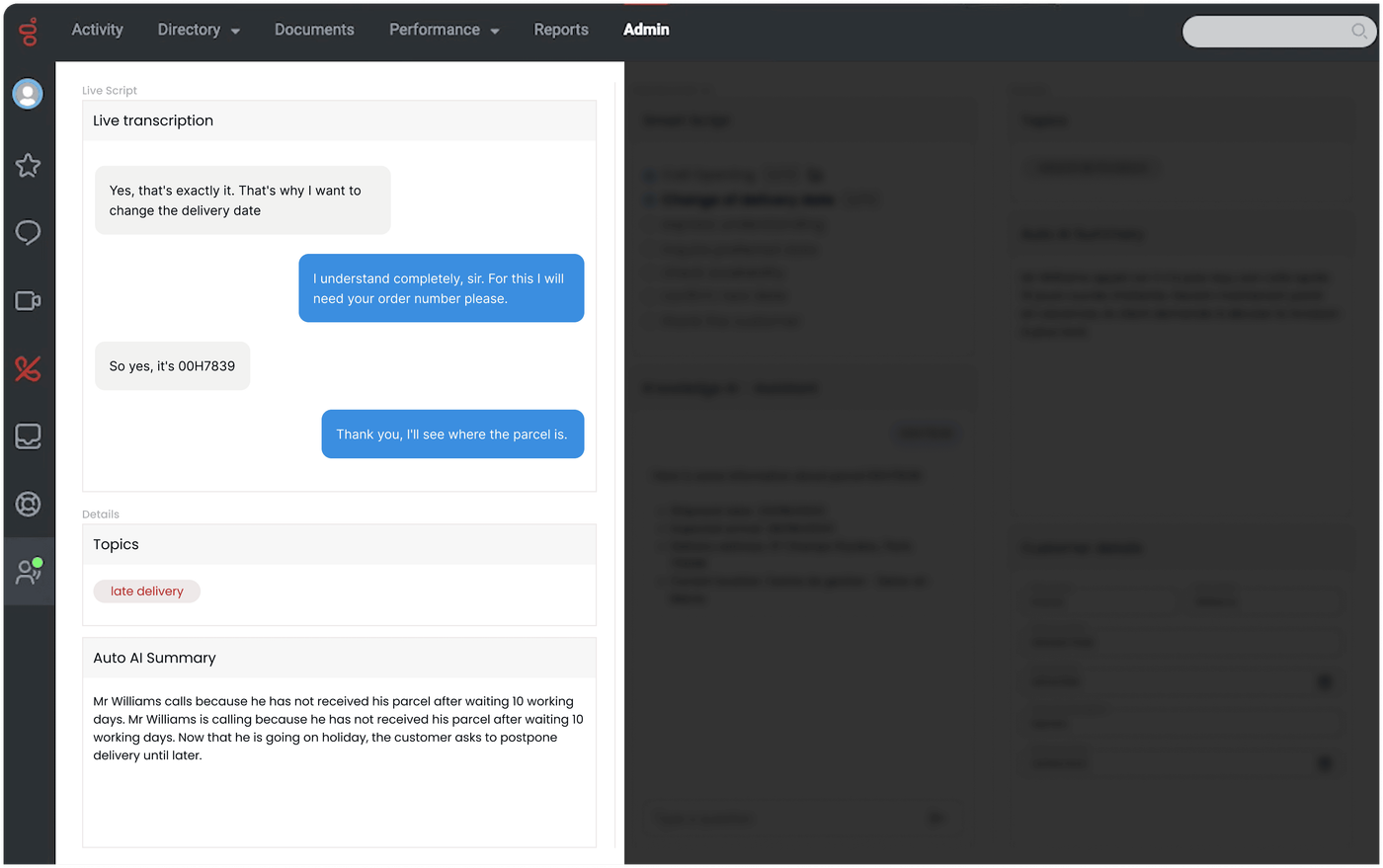 screenshot of the AlloBrain's live AI platform - showing the call summary