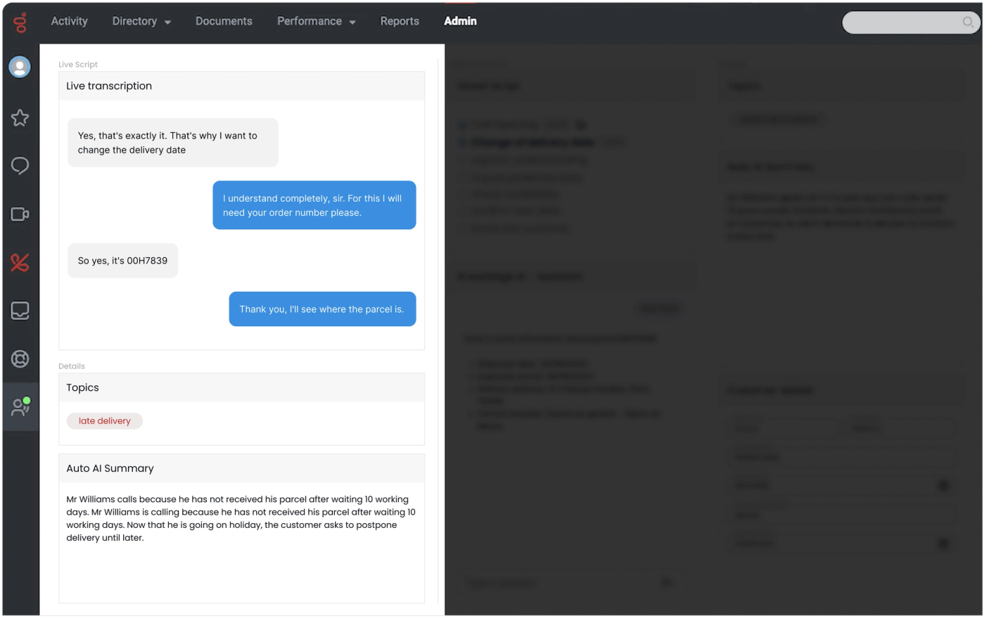 screenshot of the AlloBrain's live AI platform - showing the call summary