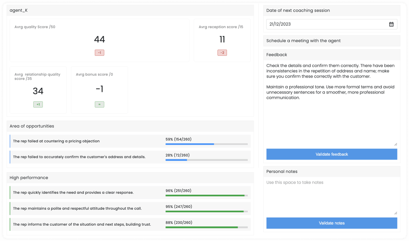 screenshot of the AlloBrain's quality monitoring platform - showing the agent detail