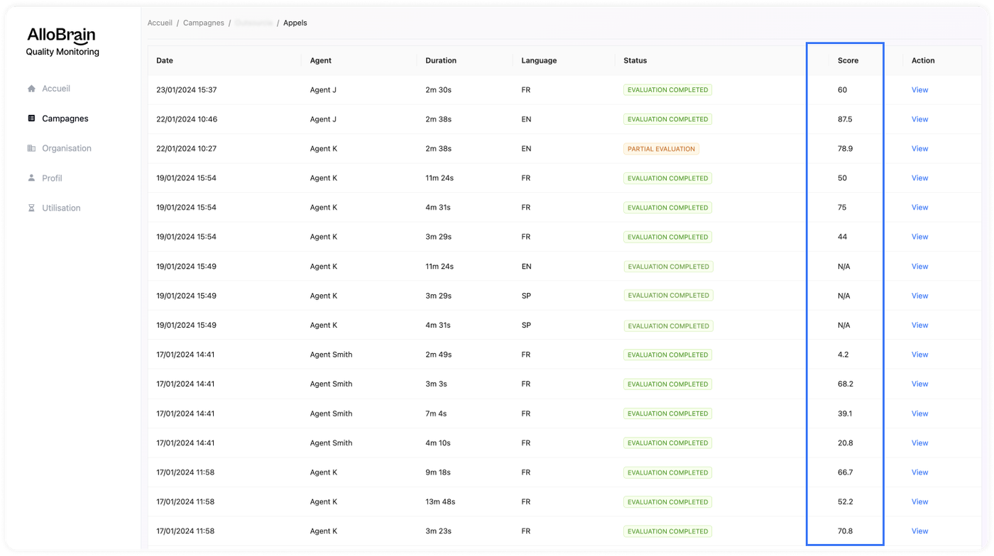 screenshot of the AlloBrain's Quality Monitoring Platform - showing the agent call scoring