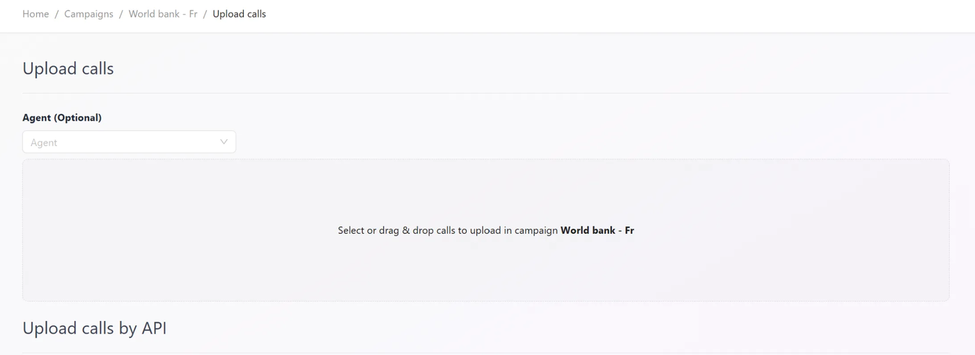 The call upload screen, with a drag-and-drop area for audio files and an option to send calls by API