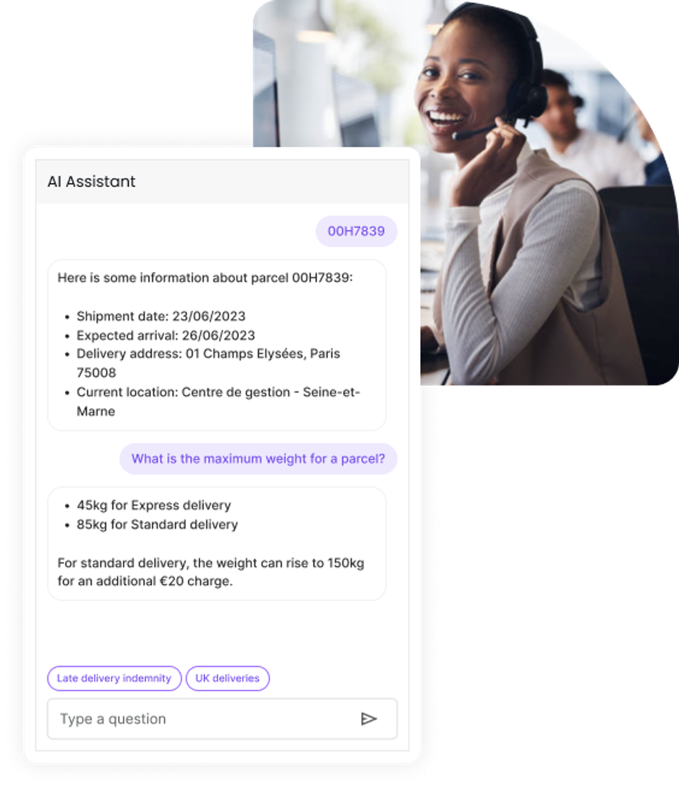 An AI assistant answering a question about a parcel's delivery date beside a photograph of an adviser on a headset