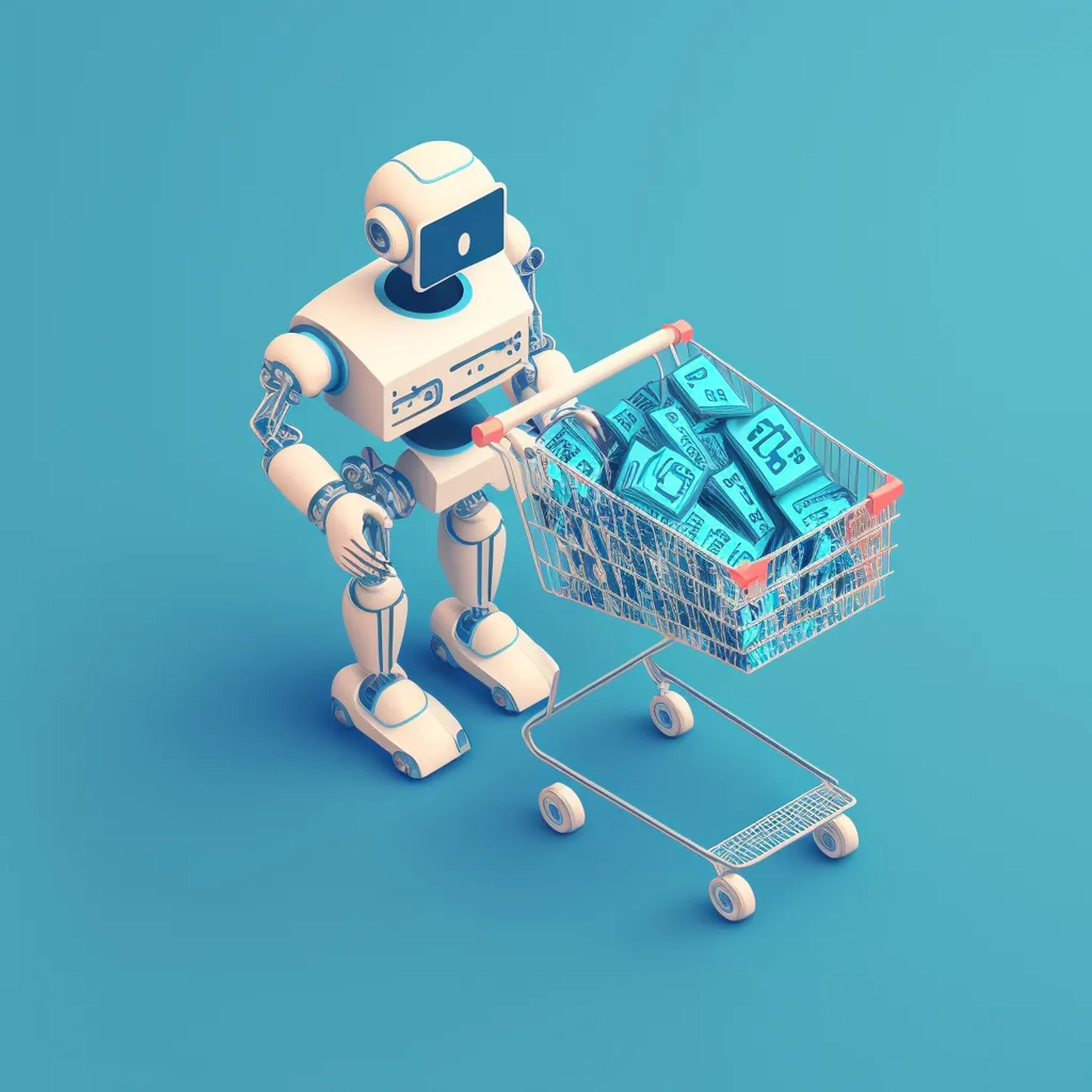 Ein Roboter der einen Einkaufswagen schiebt