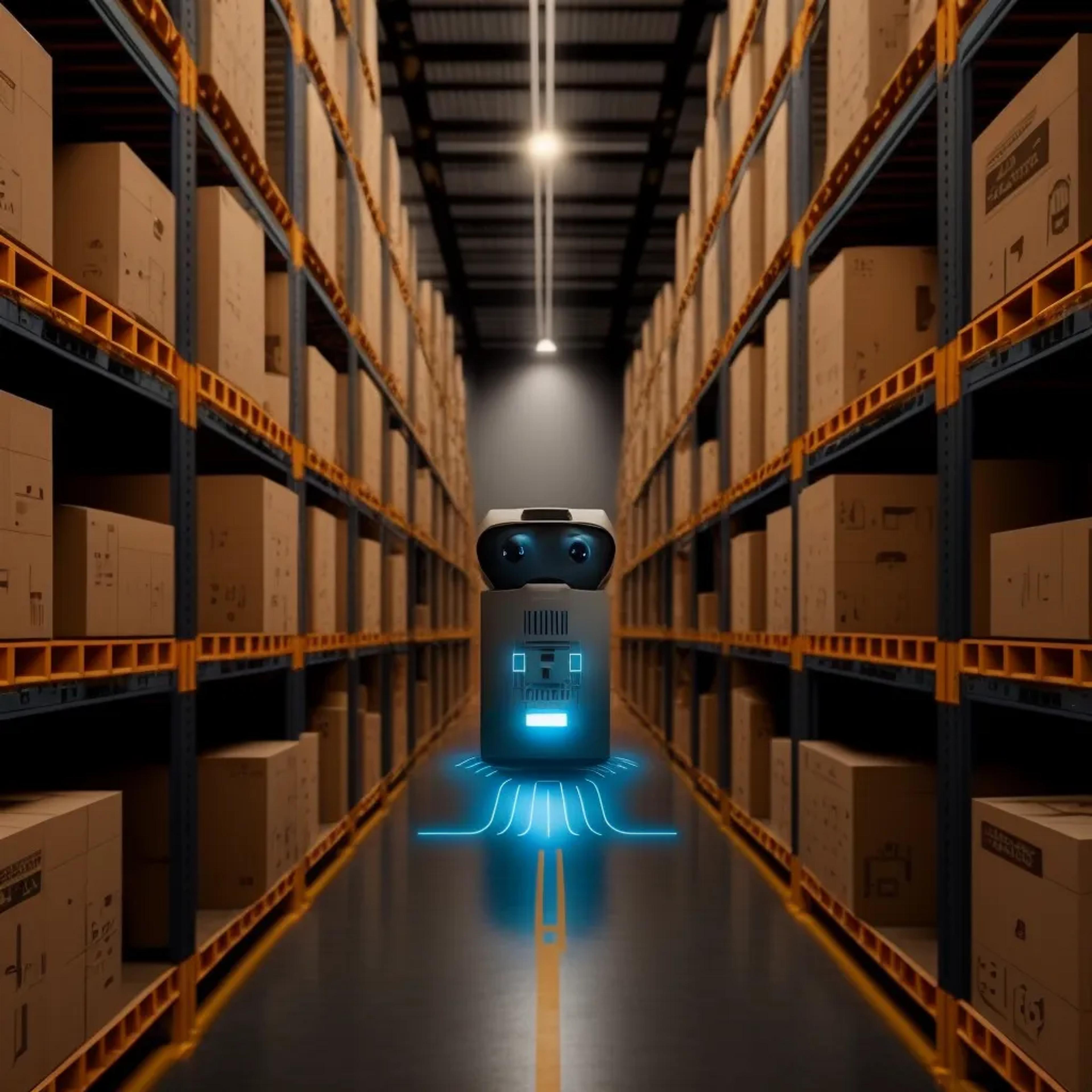 Ein Roboter der durch ein Hochregallager fährt