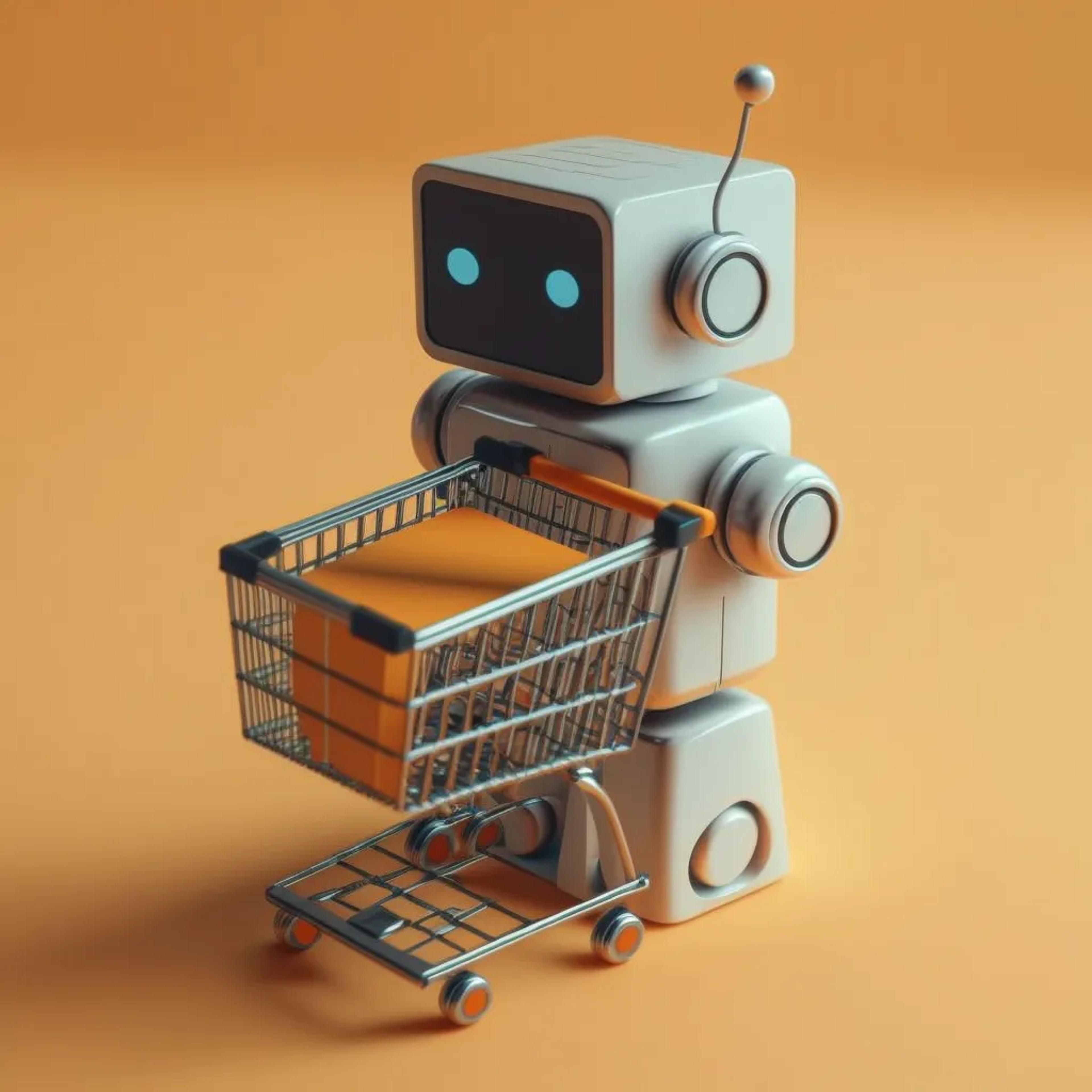 Ein Roboter der einen Einkaufswagen schiebt