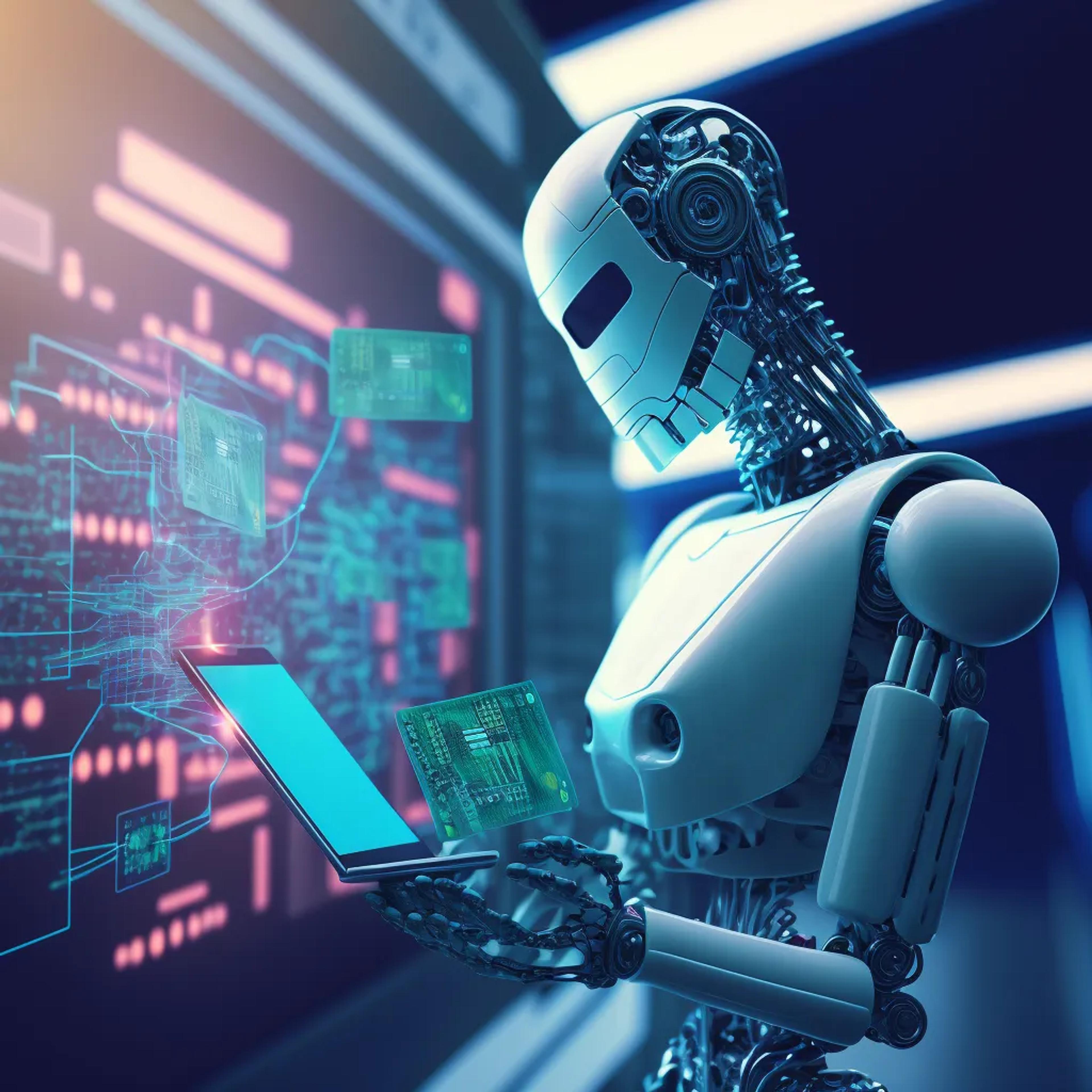 Ein Roboter der mit einem Laptop in der Hand arbeitet