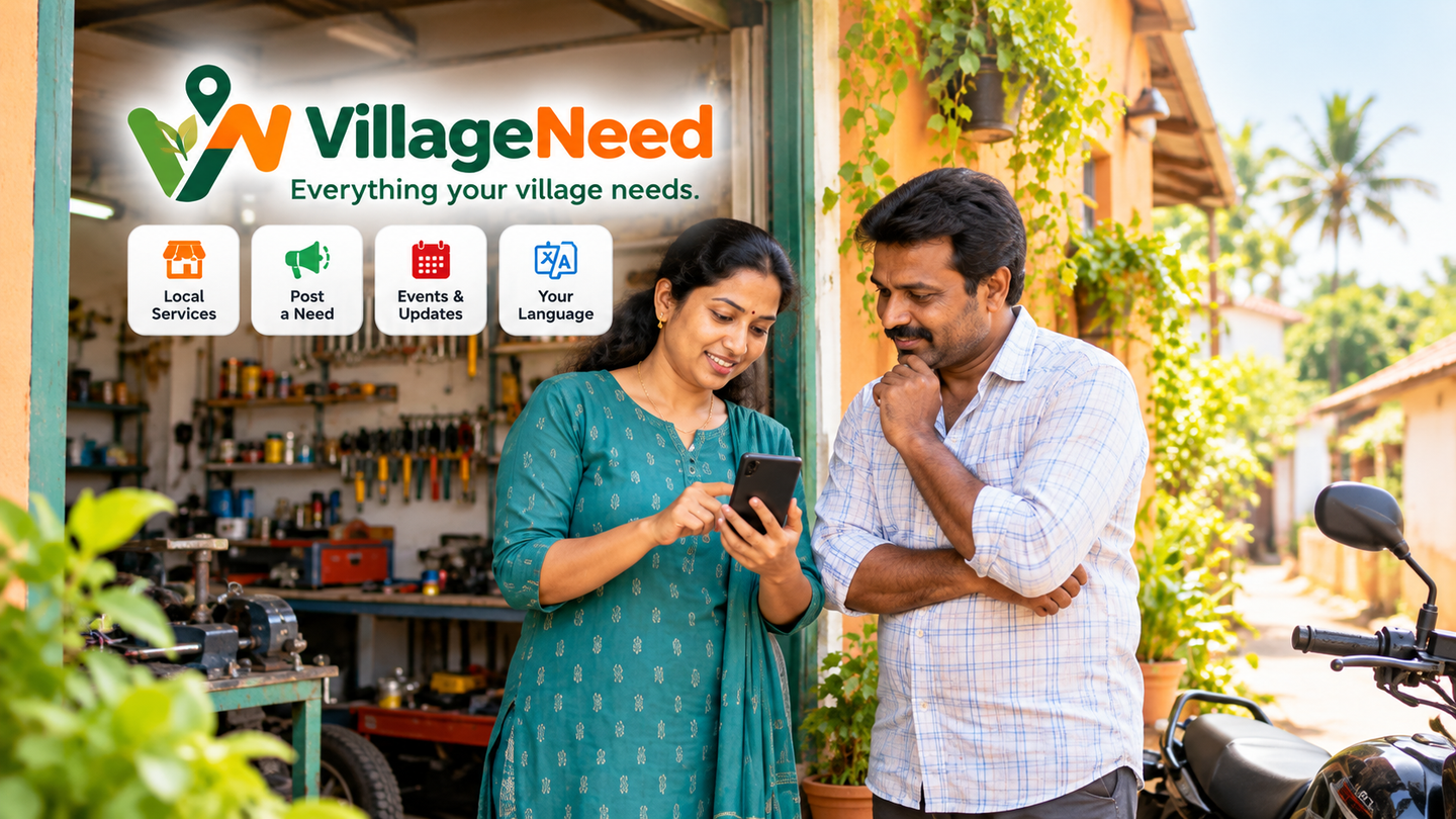 AI-generated illustration: a woman and a man look at a phone outside a village repair workshop with tools on the walls.