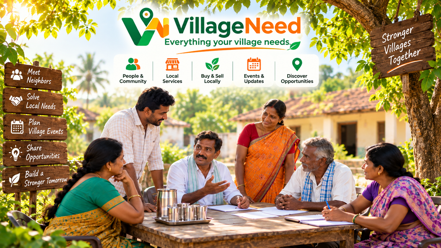 Neighbours sit around a table under a tree in a village, talking and making notes as they plan a gathering.