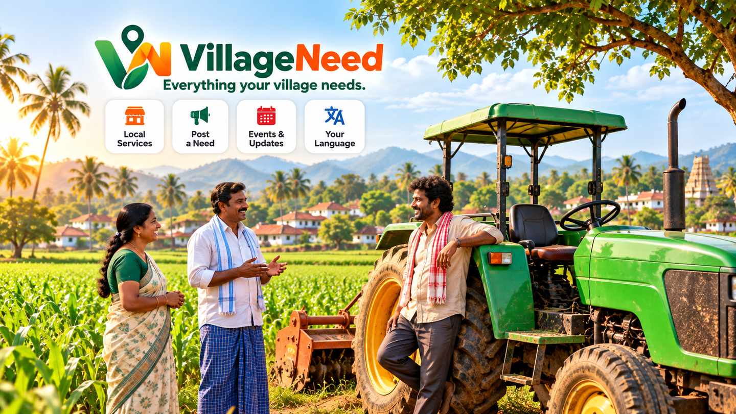 Two villagers talk with a young farmer leaning on a green tractor at the edge of a maize field, with houses and a temple behind them.