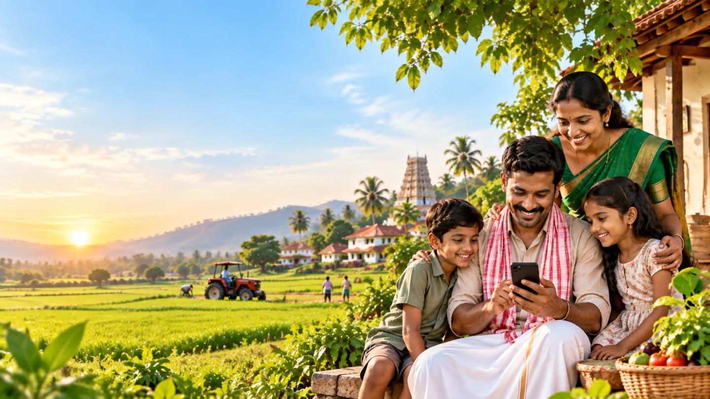 ഒരു ഗ്രാമത്തിലെ ഒരു കുടുംബം പച്ചപ്പുള്ള വയലുകളും ട്രാക്ടറും ഒരു ക്ഷേത്രവും പിന്നിൽ ഒരുമിച്ചു ഫോണിലേക്ക് നോക്കുന്നു.