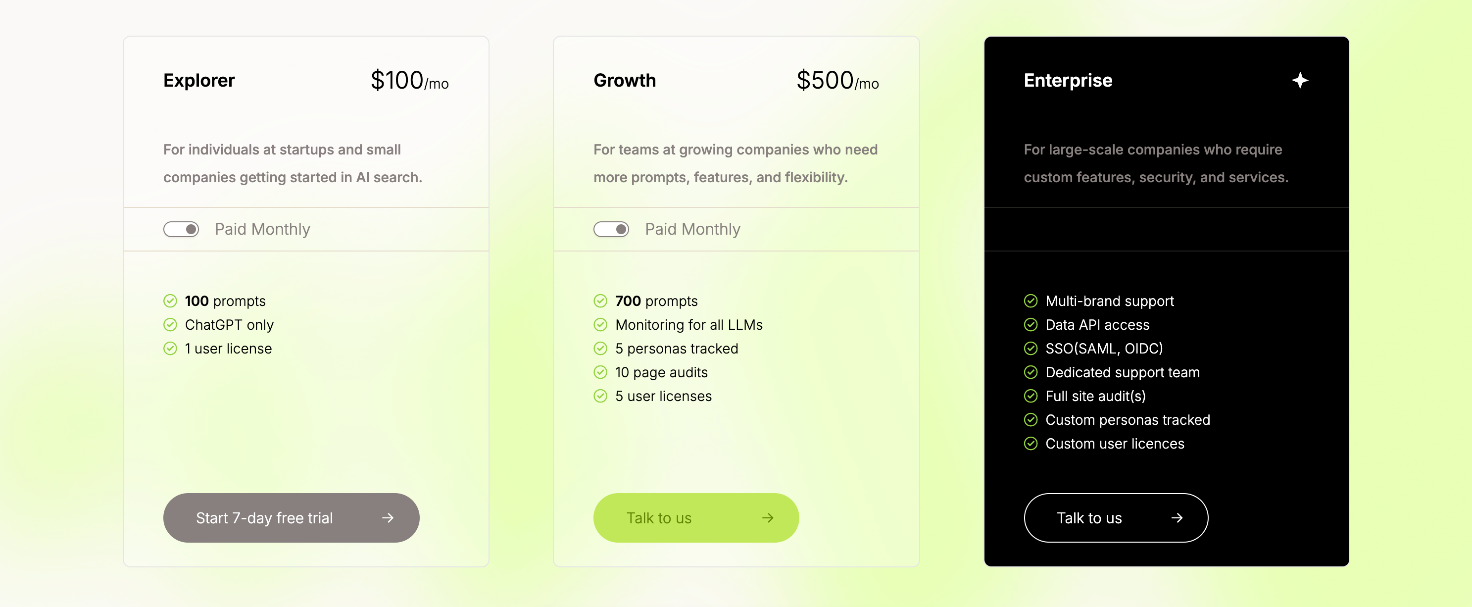 Image of pricing page on Scrunch website