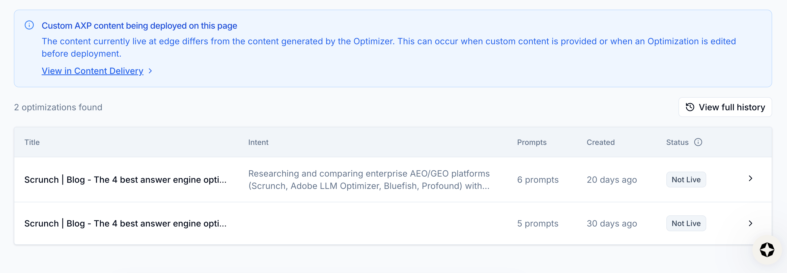 View optimization history