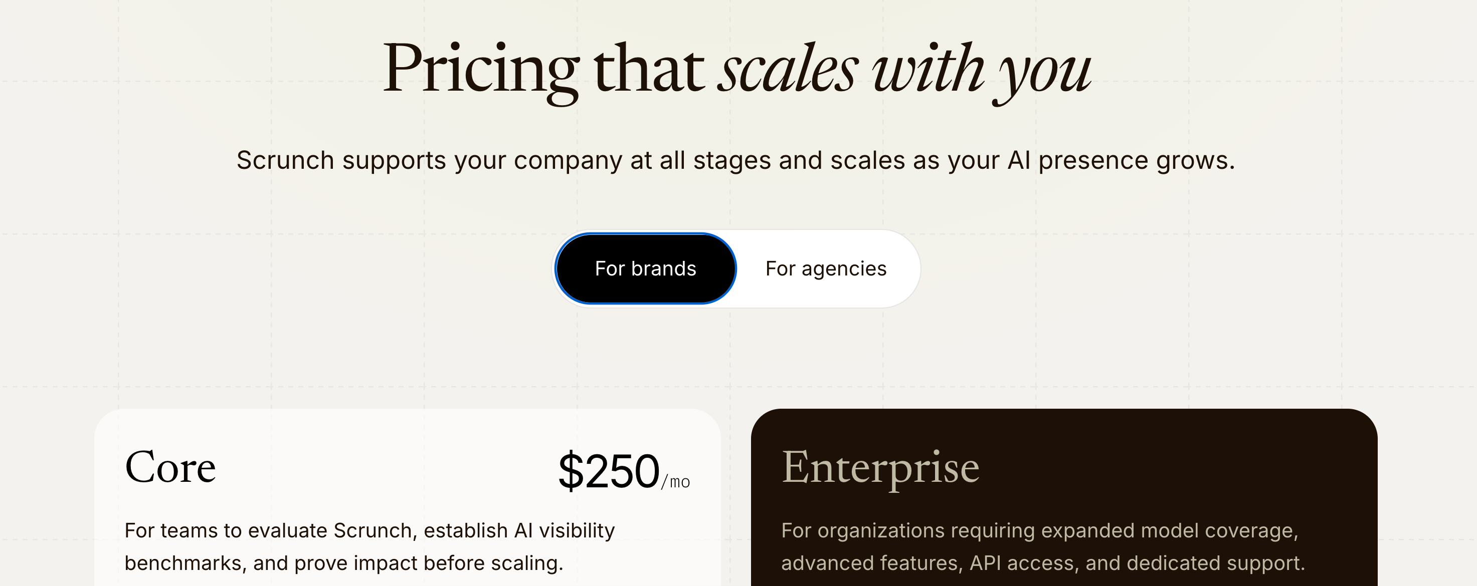 Image of pricing page on Scrunch website Image of pricing page on Scrunch website