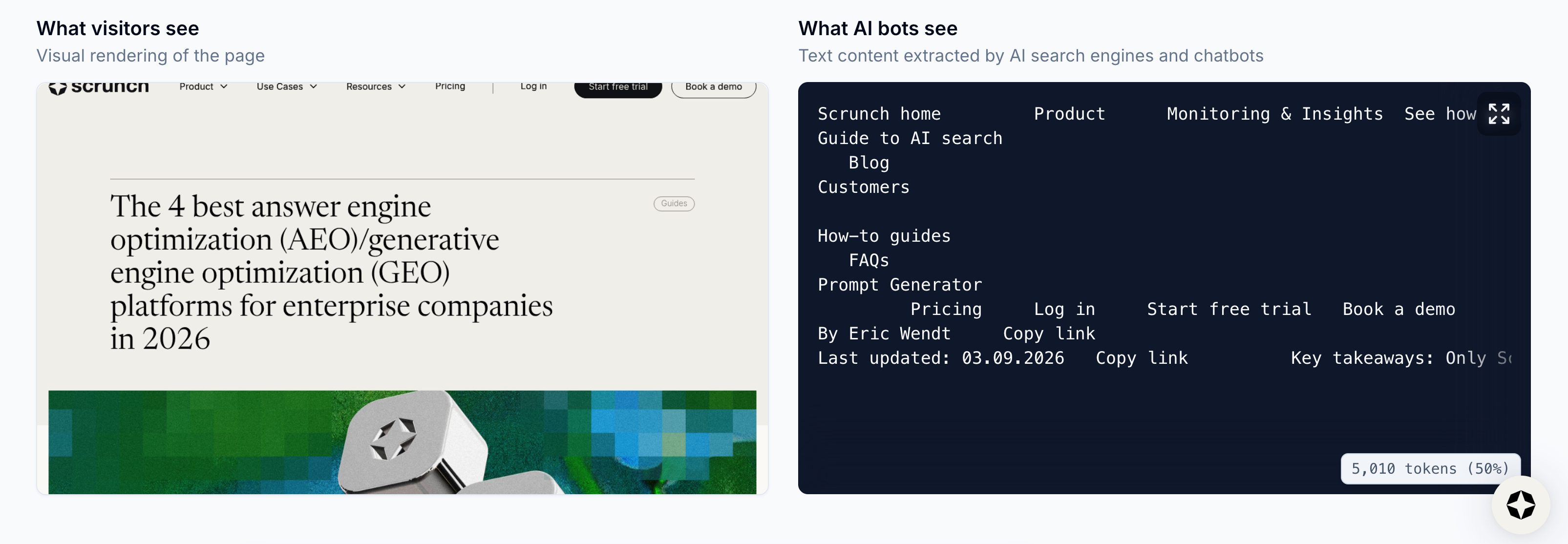 View What visitors see and What AI bots see