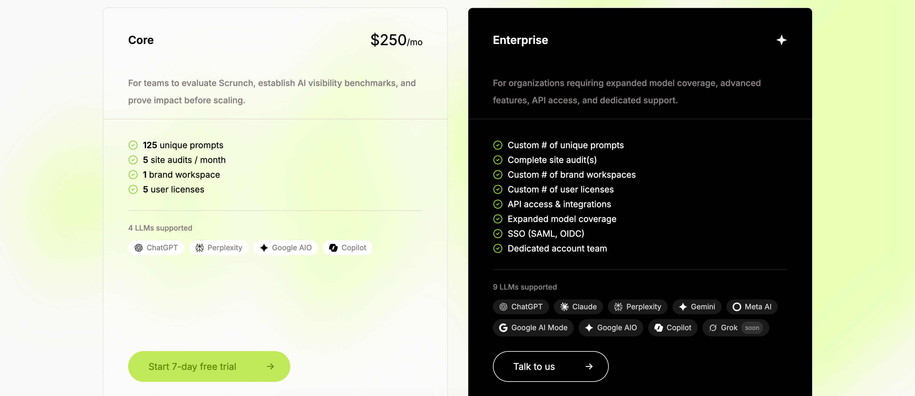 Image of pricing page on Scrunch website