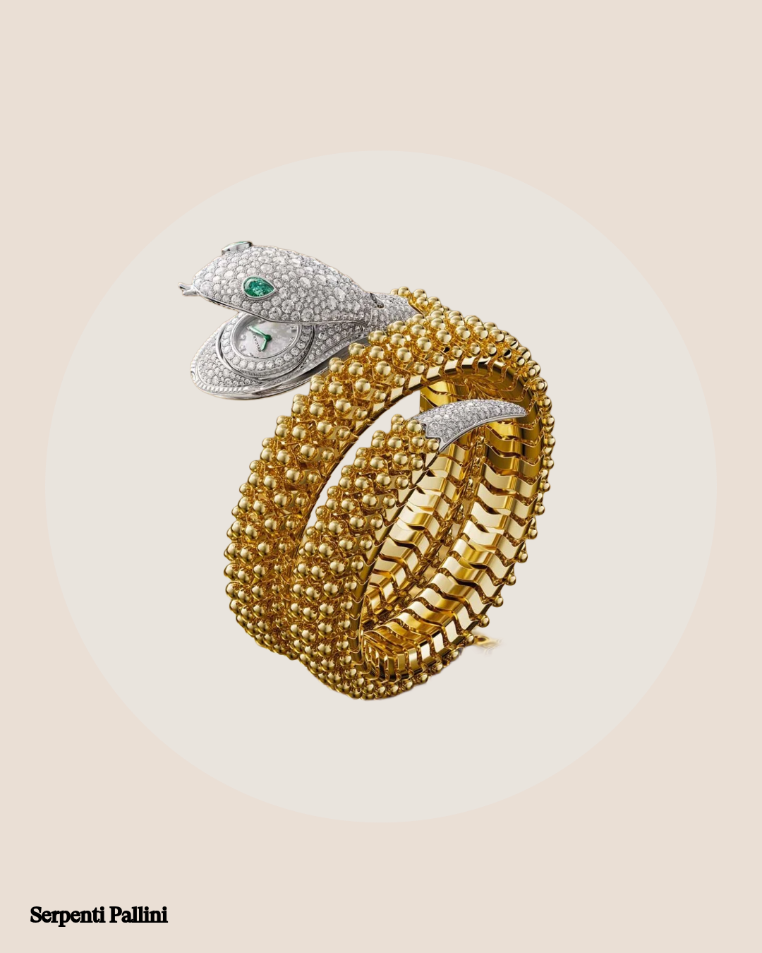Montre Serpenti or jaune tete en diamant et émeraudes 