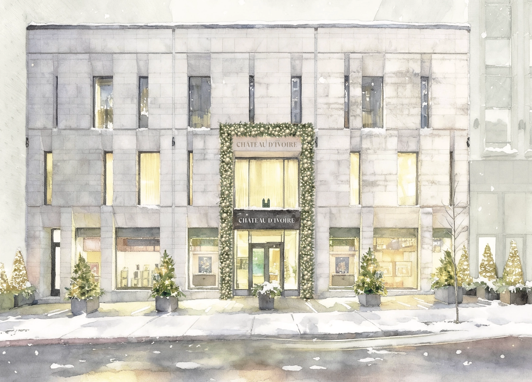 Château d’Ivoire boutique decorated for the winter season, showcasing the Maison’s elegant storefront and festive holiday ambiance.