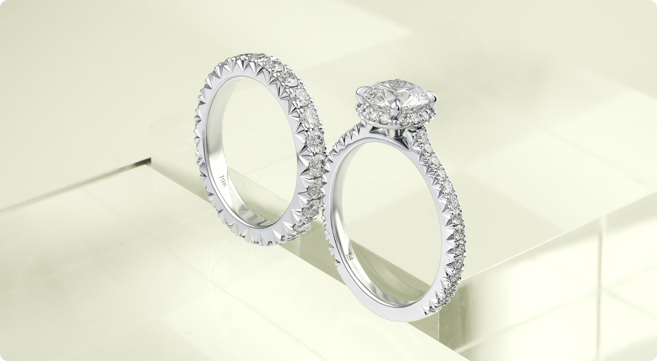 Two diamond rings in signature 19KT white gold with permanent radiant brilliance.