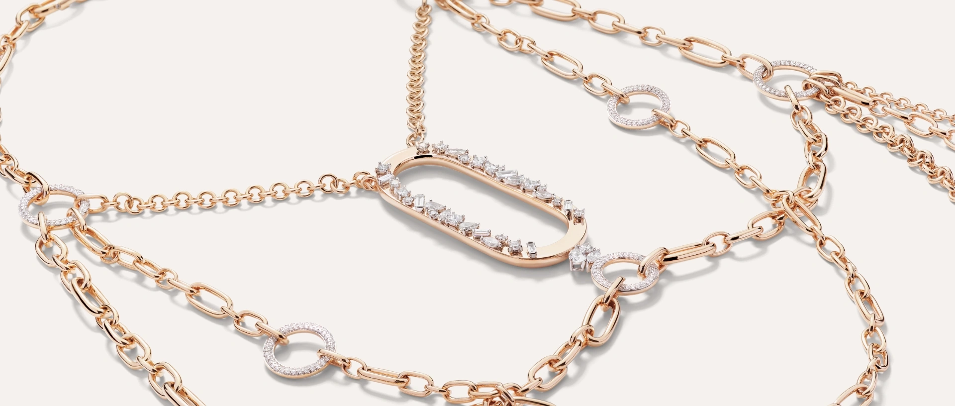 Pomellato Iconica collection featuring bold gold and diamond link jewelry.