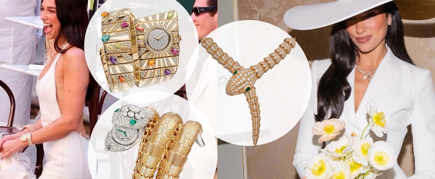 Deux photos de Dua Lipa et trois bijoux Bulgari