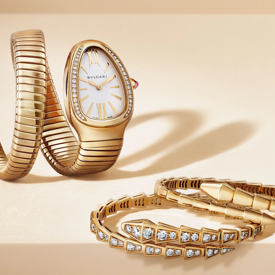 Montre Bulgari Serpenti Tubogas et bracelets Serpenti Viper en or jaune avec diamants.