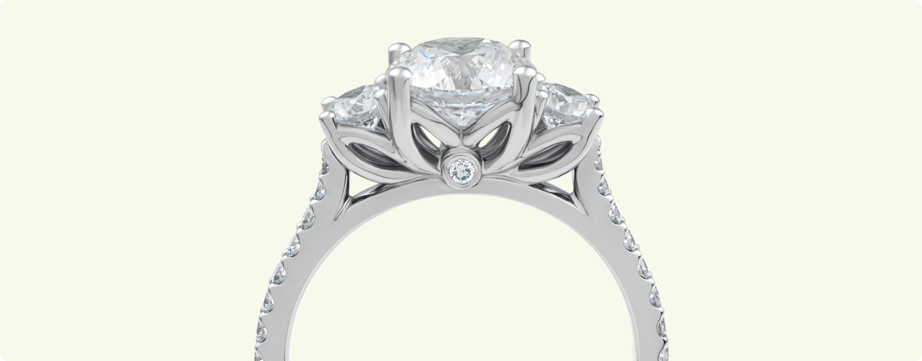 Profile view of the hidden leaf gallery on a diamond engagement ring.
