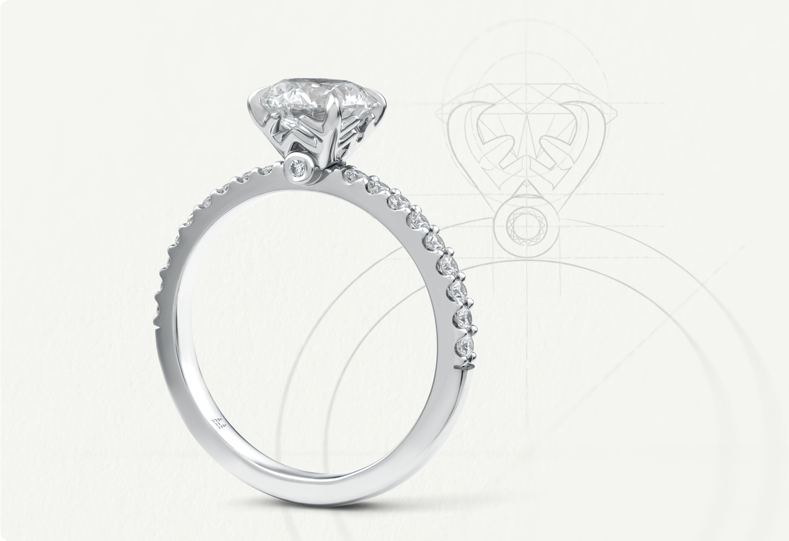 A side profile of a handcrafted diamond engagement ring from the Nord-Ouest collection, featuring a prominent round central diamond held in a basket setting inspired by snowflake geometry. The band is encrusted with smaller pavé diamonds along the top half. In the background, a light gray technical sketch illustrates the precise architectural design of the ring's setting.