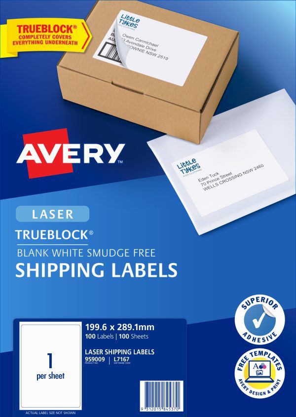 AVERY White Shipping Labels 199x289mm - Box of 100's (L7167-100)