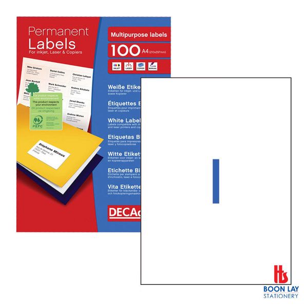 DECADRY White Labels 210x297mm - Box of 100's (DLW1793)
