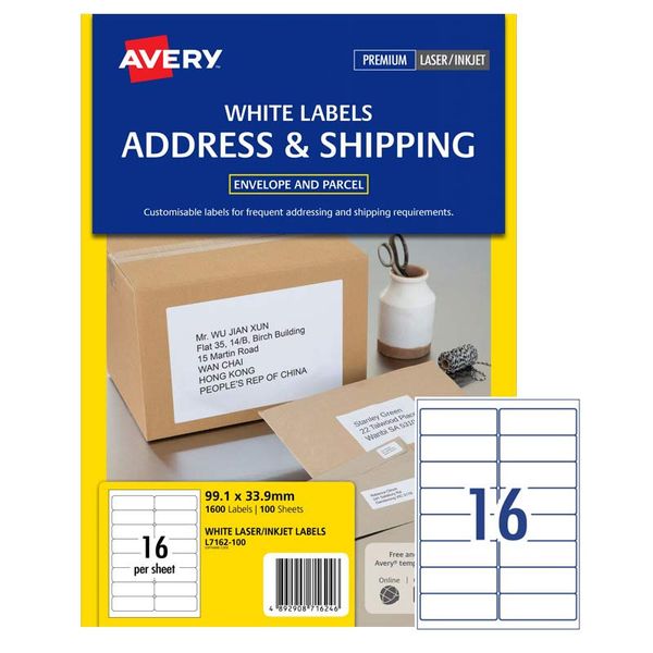 AVERY White Address Labels 99.1x34mm - Box of 100's (L7162-100)