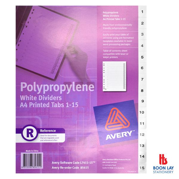 AVERY PP Dividers A4 Printed Tabs 1-15 White (7411-15)