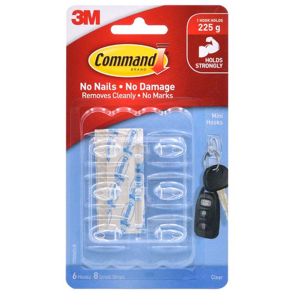 3M Command Mini Clear Strips Hooks - Pack of 6's (17006)