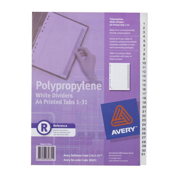 AVERY PP Dividers A4 Printed Tabs 1-31 White (7411-31)