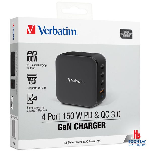 VERBATIM 4 Port 150W PD & QC 3.0 GaN Charger (66910)