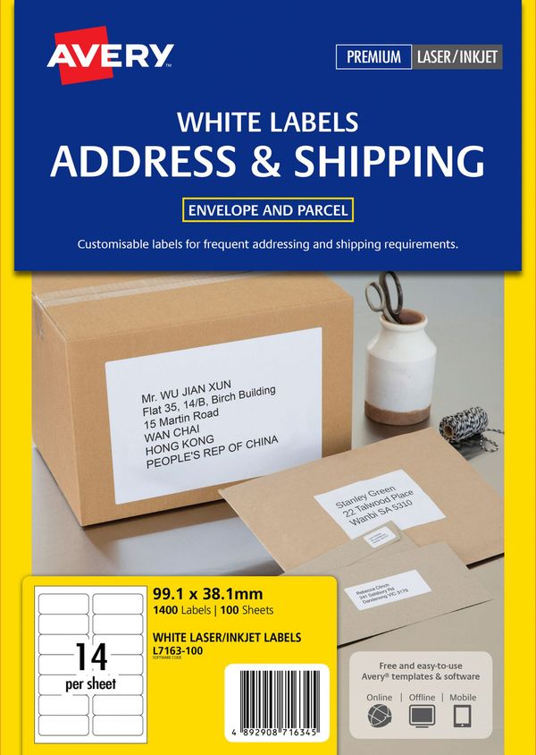 AVERY White Address Labels 99x38.1mm - Box of 100's (L7163-100)