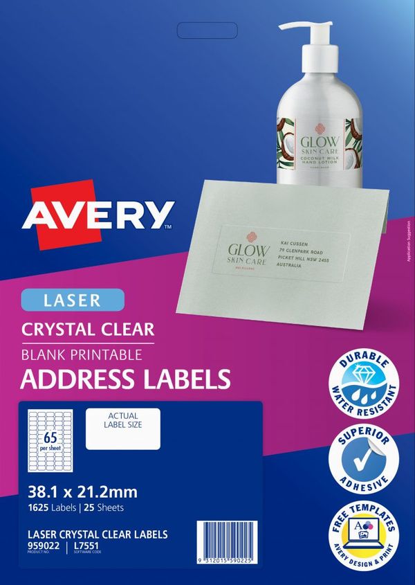 AVERY Crystal Clear Address Labels 38.1x21.2mm- Pack of 25's (L7551-25)