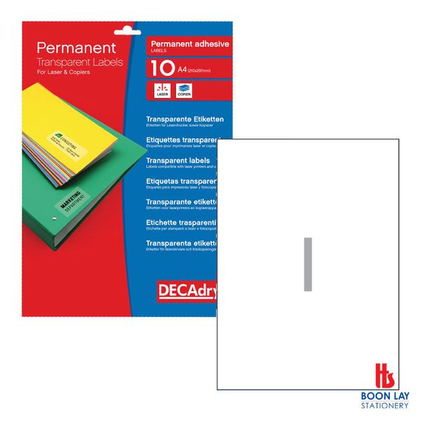 DECADRY Transparent Labels 210x297mm - Pack of 10's (OLW4302)