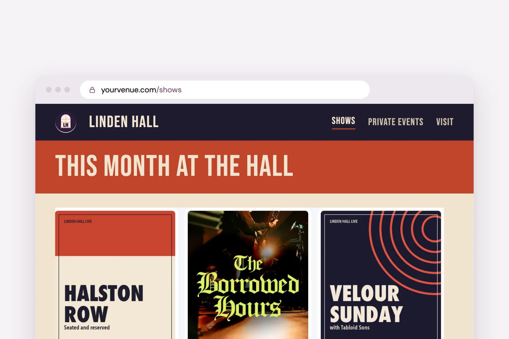 A venue's own website showing Linden Hall Live shows embedded from Eventrise