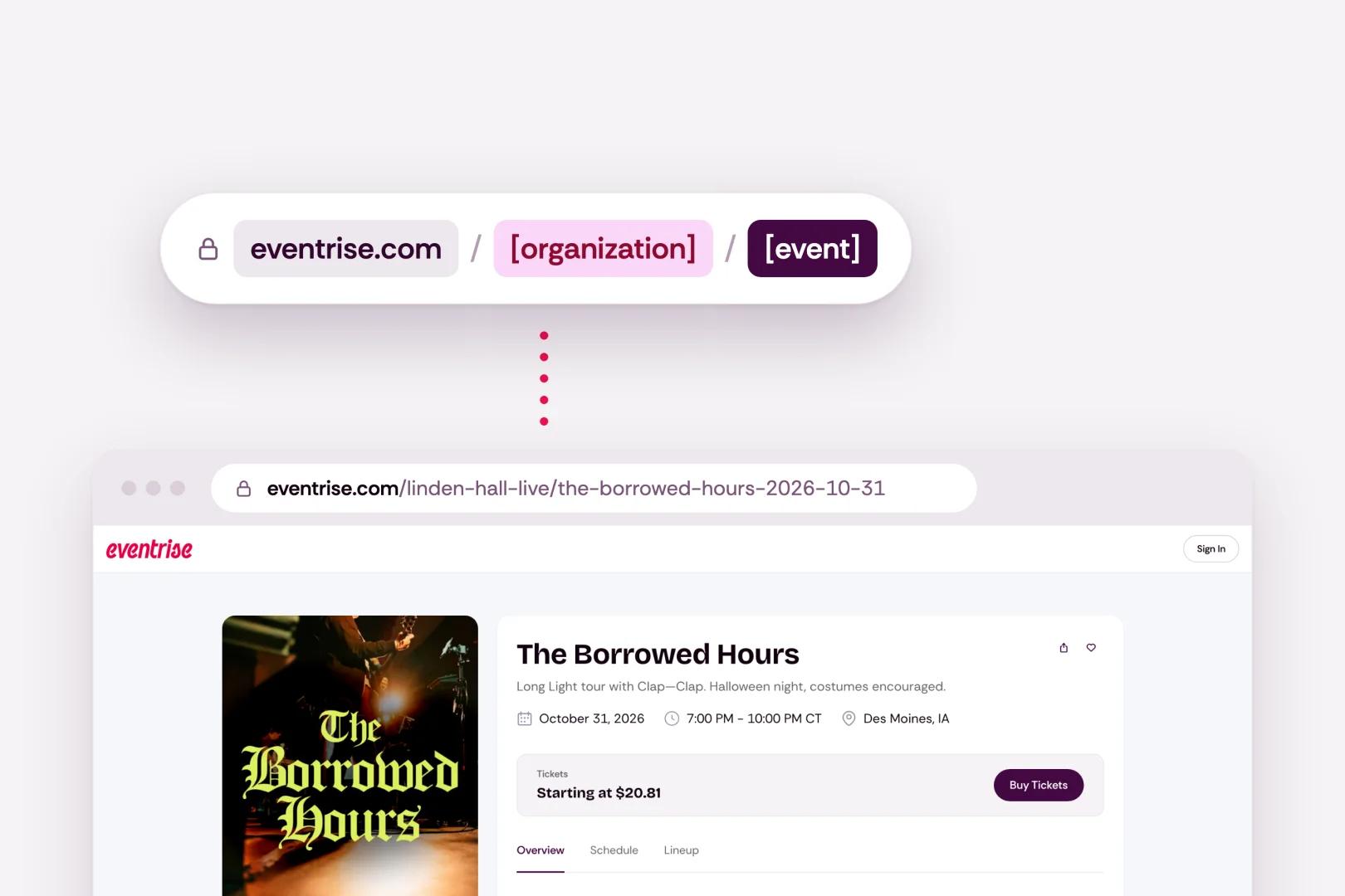 The eventrise.com / organization / event address structure above the Borrowed Hours event page